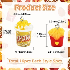 10個2スタイル不透明樹脂ペンダント  プラチナ鉄ループ付き模造食品チャーム  フライドポテトとポップコーン  ミックスカラー  19~26x13~18mm  穴：2mm  5個/スタイル&nbsp;RESI-YW0005-68
