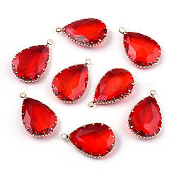 K9ガラスチャーム  ゴールデントーン真鍮パーツ  多面カット  ドロップ  レッド  29~30x19x6~8.5mm  穴：2mm&nbsp;GLAA-Q069-06C