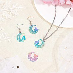 ステンレススチールの子猫ペンダント201個  エッチングされた金属装飾  カップル猫の形をした三日月  虹色  22x19x0.3mm  穴：1.2mm  40個/箱&nbsp;STAS-UN0013-53