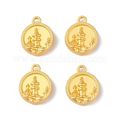 合金ペンダント  フラットラウンド、城のチャーム付き  ゴールドカラー  15.5x13x4mm  穴：1.5mm&nbsp;PALLOY-M205-02G