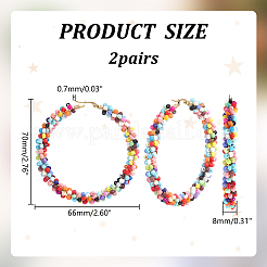 304ステンレススチールフープピアス2組  ビーズのフープピアス  ガラスシードビーズで  ゴールドカラー  カラフル  66x70x8mm  ピン：0.7x1mm&nbsp;EJEW-ME0002-60