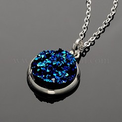 Silver Color Plated Flat Round Brass Druzy Resin Pendant Necklaces&nbsp;NJEW-JN01163