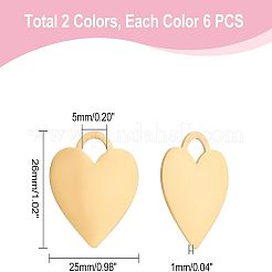 12個2色304ステンレスペンダント  ハート  ゴールデン·ステンレス鋼色  26x25x1mm  穴：5x7mm  6個/カラー&nbsp;STAS-UN0037-15