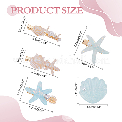 ヒトデと貝殻の形をした樹脂製のワニ口ヘアクリップ  女性の女の子のためのヘアアクセサリー  ミックスカラー  38~62x23.5~42.5mm  5個/セット&nbsp;PHAR-WH0006-35