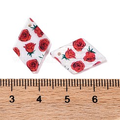 天然淡水シェルのペンダント  バラの花がプリントされた菱形のチャーム  ファイヤーブリック  21x14x2mm  穴：1.2mm&nbsp;LS-BSHE-S304-19E