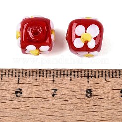 手作りのでこぼこランプワークビーズ  キューブと花  クリムゾン  10.5~12x10.5~12x9.5~10.5mm  穴：1.4~1.6mm&nbsp;LAMP-N042-22A-04