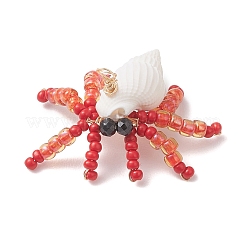 Natural Faceted Round Natural Black Spinel & Natural Trumpet Shell & Glass Seed Beaded Crab Pendants&nbsp;PALLOY-MZ01177