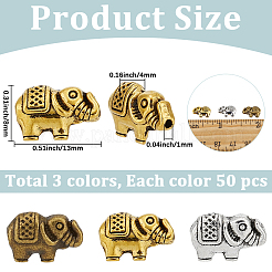 150個3色チベット風合金ビーズ  カドミウムフリー＆鉛フリー  象  ミックスカラー  8x13x4mm  穴：1mm  50個/カラー&nbsp;FIND-PA0001-63