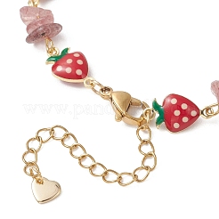 Natural Strawberry Quartz Chip Beads & Brass Enamel Link Chains Bracelets for Women&nbsp;BJEW-JB13149