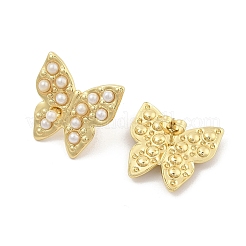 バタフライ PVD 真空メッキ 304 ステンレススチール スタッドピアス 女性用  プラスチック模造パールと  ゴールドカラー  21x22mm&nbsp;EJEW-C120-08G