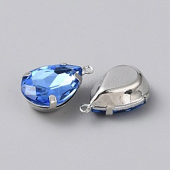 真鍮製ガラスチャーム  鉄ループ付き  ティアドロップ  サファイア  16.5x10x6mm  穴：1mm&nbsp;KK-WH0100-003P-01