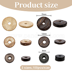 ココナッツウッドビーズ 6種類 300個  フラットラウンド  ミックスカラー  9~15mm  50個/スタイル&nbsp;WOOD-PH0003-97