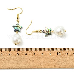 天然アワビ貝と貝殻パールのドロップピアス  女性用304ステンレススチールダングルイヤリング  ゴールドカラー  スター  52x12~12.5mm&nbsp;EJEW-JE07432-02