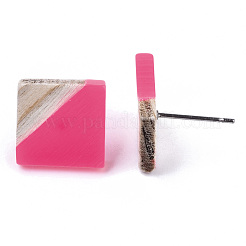 透明樹脂＆ウッドスタッドピアス  304ステンレスピン付き  菱形  ショッキングピンク  17x18mm  ピン：0.7mm&nbsp;EJEW-N017-005A-A04