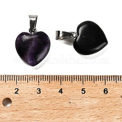 天然蛍石のハートペンダント  201ステンレススチールスナップオンベイル付き  ステンレス鋼色  18~19x16x6~7mm  穴：6.5x4mm&nbsp;STAS-R154-01P