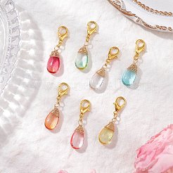 ワイヤーラップガラスのティアドロップペンダント装飾  バッグ飾り用の合金製ロブスター クロー クラスプ チャーム  ゴールドカラー  32mm&nbsp;HJEW-JM02974-02