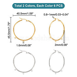 12個 2色 304ステンレススチール製 巨大フープピアス金具  ラッチバック開閉と水平ループ付き  リング  ゴールデン·ステンレス鋼色  12ゲージ  45.5x40.5x2mm  穴：1.6mm  ピン：0.8~1mm  6個/カラー&nbsp;STAS-UN0044-77
