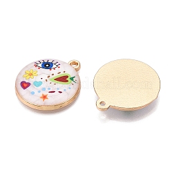 プリントラックメッキ合金エナメルペンダント  ゴールドカラー  フラット ラウンド ウィズ アイ & ハート チャーム  カラフル  28.5x25x4mm  穴：1.8mm&nbsp;ENAM-T020-02C