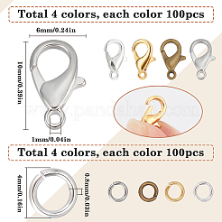 400本4色亜鉛合金カニカン  オウムトリガークラスプ  400個の真鍮製丸カン付き  ミックスカラー  10x6mm  穴：1mm  100個/カラー&nbsp;FIND-SP0001-31