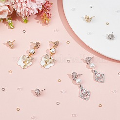 4ペア4スタイルフラワー真鍮キュービックジルコニアスタッドピアス金具  カン付き  80PCS丸カン  40個のイヤーナット  プラチナ·ゴールデン  10~12x11.5~12.5x2.5~4mm  穴：1~1.2mm  ピン：0.7~0.8mm  1ペア/スタイル&nbsp;KK-CN0003-18