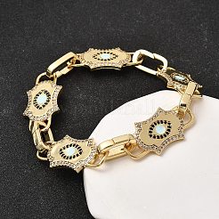 女性用真鍮マイクロパヴェキュービックジルコニアリンクチェーンブレスレット  ナザールボンジュウ  ラックめっき  長持ちメッキ  カドミウムフリー＆鉛フリー  18KGP本金メッキ  7.68インチ（19.5cm）&nbsp;BJEW-H639-13G