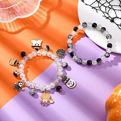 スプレー塗装クラックルガラスラウンドビーズストレッチブレスレット2個  女性用ハロウィン合金エナメルチャームブレスレット  透明  内径：2インチ（5.1cm）&nbsp;BJEW-JB12484-01