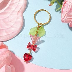 ちょう結びとハートのガラスペンダント装飾  アクリルリーフ/フラワーチャームとアイアンスプリットキーホルダー付き  レッド  8.8cm&nbsp;KEYC-JKC00691-01