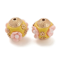 手作りのインドネシアビーズ  合金パーツとレジン  花とロンデル  ピンク  16x16.5x16mm  穴：1.8mm&nbsp;IPDL-B001-01E