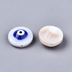 天然淡水シェルビーズ  エナメル  ナザールボンジュウ付きフラットラウンド  ブルー  9x4.5mm  穴：0.8mm&nbsp;SHEL-T018-10F