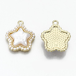 ラックメッキ合金ペンダント  白いABSプラスチックイミテーションパール付き  カドミウムフリー＆ニッケルフリー＆鉛フリー  スター  ライトゴールド  21.5x19x6mm  穴：2mm&nbsp;X-PALLOY-T077-57-NR