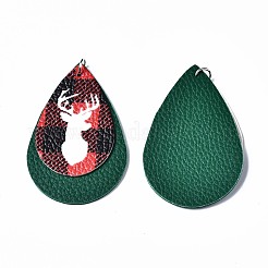 クリスマステーマpuレザービッグペンダント  プラチナトーン鉄製丸カン付き  ティアドロップ  クリスマスのトナカイ/クワガタと  シーグリーン  56.5x37x3mm  穴：5mm&nbsp;X-FIND-R080-05