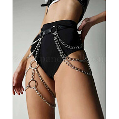 Black Imitation Leather Alloy Curb Chain Layered Tassel Leg Chain Waist Body Chains for Sexy Woman&nbsp;FS-WGB0E32-01
