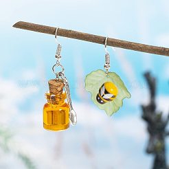 蜂の合金樹脂ダングルイヤリング  木で  葉とボトル  プラチナ  ミックスカラー  40mm&nbsp;FS-WGAE13C-01
