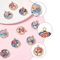 10本合金エナメルペンダント  ABSイミテーションパールとグリッターパウダー付き  花付きフラットラウンド  ラックめっき  長持ちメッキ  鉛フリー＆カドミウムフリー＆ニッケルフリー  ゴールドカラー  ミックスカラー  23.5x19.5x6mm  穴：1.8mm&nbsp;ENAM-FS0003-26