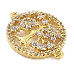 Rack Plating Brass Clear Cubic Zirconia Flat Round with Tree Connector Charms&nbsp;KK-A234-033G
