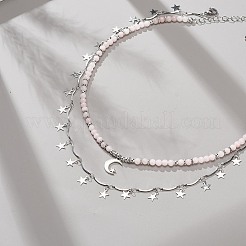 2 個 2 スタイル合金ムーン & スター チャーム ネックレス セット  女性のための天然ピンクオパールと合成ヘマタイトビーズの積み重ね可能なネックレス  ピンク  17.13~19.72インチ（43.5~50.1cm）  1個/スタイル&nbsp;NJEW-JN04065