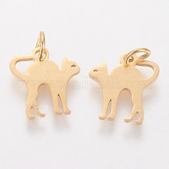 ステンレススチールの子猫ペンダント201個  猫の形を伸ばす  ゴールドカラー  12x12x1mm  穴：3mm&nbsp;STAS-S105-T465G