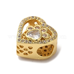 Heart with Paw Print Pattern Rack Plating Brass Micro Pave Cubic Zirconia European Beads&nbsp;KK-G511-05B-G