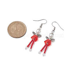 304ステンレススチール製フェアリーダングルイヤリング  ガラスシード＆アクリルパールロングドロップイヤリング  レッド  55.5x14mm&nbsp;EJEW-MZ00129-03
