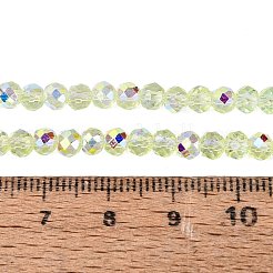透明ガラスビーズ連売り  ロンデル  半分メッキ  ABカラーメッキ  多面カット  緑黄  4~4.5x3.5mm  穴：0.8mm  約112~114個/連  15.35~15.75インチ（39~40cm）&nbsp;EGLA-N016-4mm-07