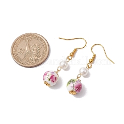 女性用プリント磁器＆シェルパールダングルイヤリング  鉄のピアスフック  ゴールドカラー  45x12mm&nbsp;EJEW-JE05812