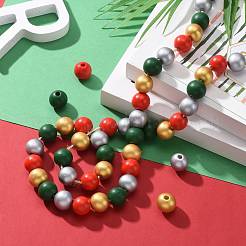 160個4色クリスマス塗装天然木ラウンドビーズ  クリスマスビーズの花輪作りのために  防水真空パック付き  ダークグリーン＆レッド＆ゴールデンロッド＆シルバー  16mm  穴：4mm  40個/カラー&nbsp;WOOD-LS0001-01N