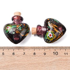 手作りランプワーク香水瓶ペンダント  ハートチャーム  コルク付き  オールドローズ  32~33x25~26x14~15mm&nbsp;LAMP-H072-02A