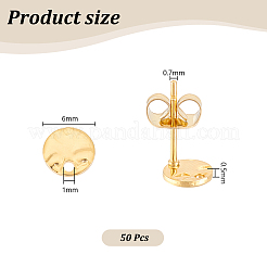 201ステンレススチール製フラットラウンドスタッドピアス金具50個  304ステンレスピン付き  ゴールドカラー  6x0.5mm  穴：1mm  ピン：0.7mm&nbsp;STAS-UN0060-69