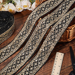 ポリエステル菱形刺繍レーストリム  スパンコール入り  衣類用アクセサリー  ブラック  1-5/8インチ（40mm）&nbsp;OCOR-WH0090-83A