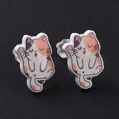 女性用アクリルピン付き猫スタッドピアス  ライトサーモン  14.5x10.5mm  ピン：1mm&nbsp;EJEW-F293-04A