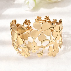 女性用304ステンレススチールカフバングル  花  ゴールドカラー  内径：2-1/2x1-5/8インチ（6.45x4.25cm）&nbsp;LS-BJEW-B166-01G