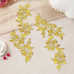 ポリエステルコンピューター刺繍布アイロン/縫い付けパッチ4枚  マスクと衣装のアクセサリー  アップリケ  花  ゴールド  255x105x1.5mm&nbsp;PATC-CY0001-80B