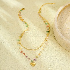304ステンレススチールと天然宝石チップの二重層ハートペンダントネックレス、女性用  カラフル  18KGP本金メッキ  16.54インチ（42cm）&nbsp;NJEW-U031-09G