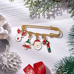 サンタクロース、クリスマスツリー、鹿の合金エナメルチャーム、キルトピン、ブローチ  鉄製安全ピン付き  ゴールドカラー  38mm&nbsp;JEWB-BR00174